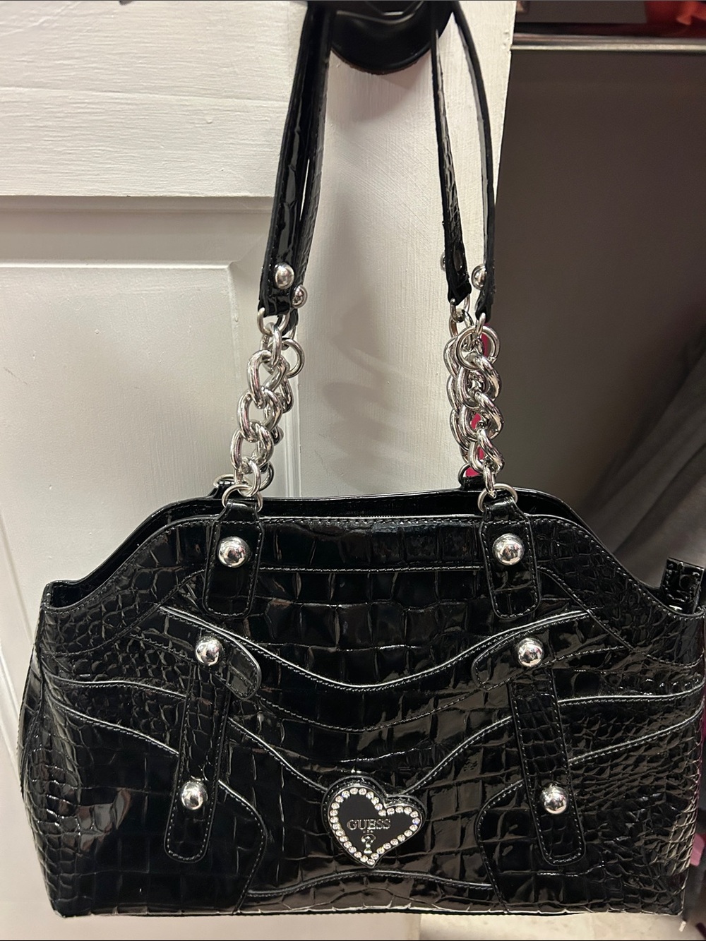 GUESS Black Croc-Embossed Chain-Handle Shoulder Bag